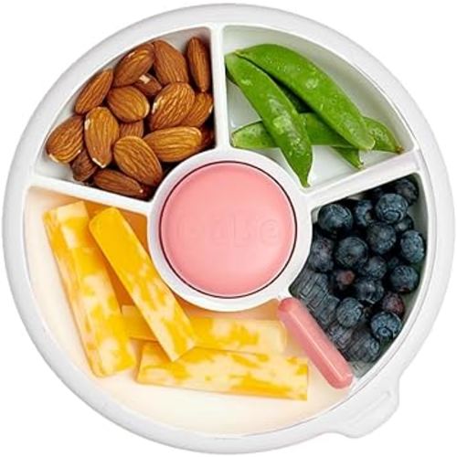 GoBe Kids Small Snack Spinner Slide Bundle with Hand Strap and Sticker Sheet - Reusable Snack Container with 5 Compartment Dispenser and Lid | BPA/PVC Free | Dishwasher Safe | No Spill - Coral Pink