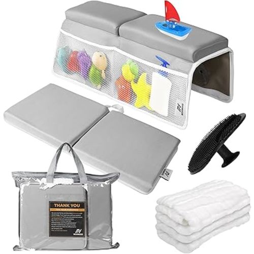 Baby Bath Kneeler & Elbow Rest Set – Extra Thick Padding for Knees & Arms | Machine Washable | Includes Bonus Washcloth & Brush | Suction Cups & Storage Pockets | Non-Slip Design