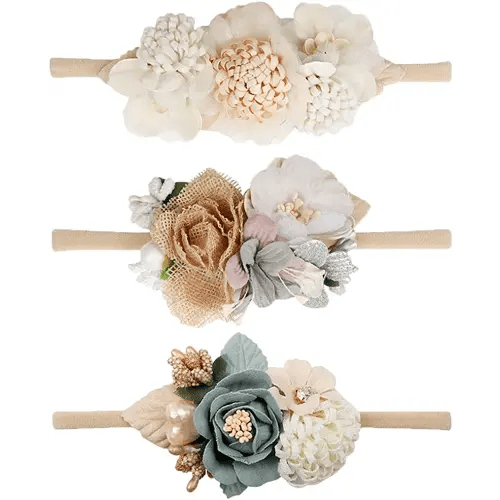 VOBOBE Baby Girl Nylon Headbands Infant Flower Elastic Hair Band Bows Wraps For Newborn Toddler Hair Accessories Pack of 3 (A-Beige)