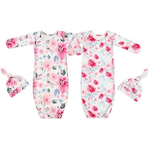 Newborn Baby Sleeper Gown with Hat Knotted Gown Nightgown Coming Home Outfits for Baby Girl 2 Pieces Set