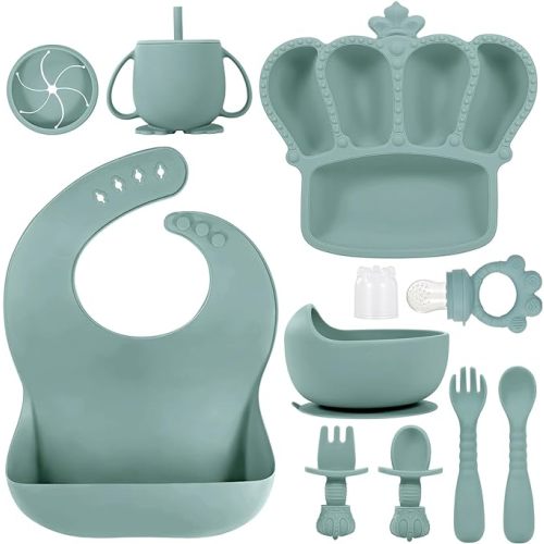 Silicone Baby Feeding Set, 10 Pcs Baby Led Weaning Supplies Suction Bowl Divided Plate Baby Bibs Fruit feeder Pacifier Baby Spoons Forks Sippy Cup Utensil Sets Baby Essentials for Newborn Grey Blue