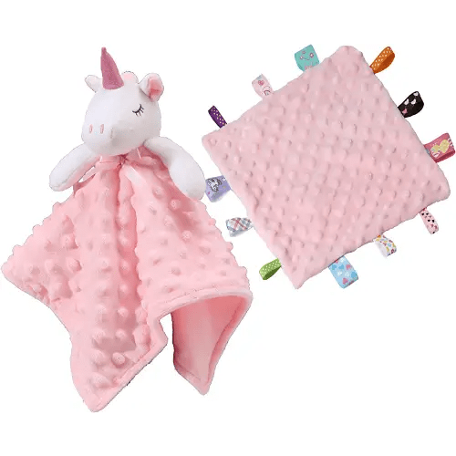 CREVENT Cozy Plush Baby Security Blanket Loveys for Baby Girls, Minky Dot Front + Sherpa Backing with Animal Face (Pink Unicorn + Tag)