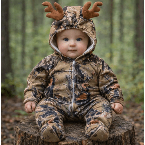 The "Huntsie" Fleece Onesie Jumpsuit with Hood – Natural w. Antlers