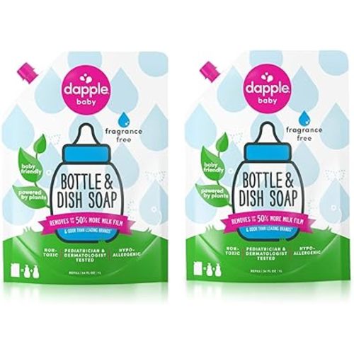 Dapple Baby Bottle Soap, Hypoallergenic Dish Soap for Baby Bottles, Powered by Plants, Fragrance Free, 34 Fl Oz (Pack of 2)