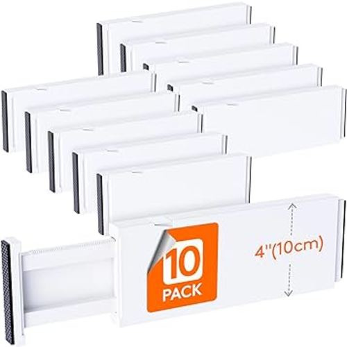 Lifewit 10 Pack Drawer Dividers Plastic 4" High, 11-17" Adjustable Drawer Organizers for Clothes, Expandable Dresser Separators in Bedroom/Bathroom/Kitchen/Office Organization and Storage, White