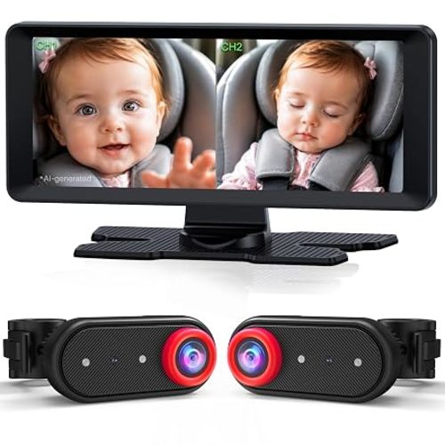 LUCKVIEW BM2 PRO Dual Baby Car Camera, 5.2" 1080P Baby Monitor | IR Night Vision and Anti-Shake Mount; Split View Helps Parents Check 2 Kids or Pets In Rear-Facing Car Seats