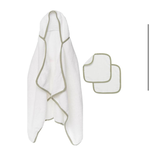 Lalo The Hooded Towel & Washcloth Set, 100% Organic Cotton, Soft on Sensitive Skin, Durable & Absorbent, Machine Washable, Includes One Baby Towel and Two Washcloths - Sage