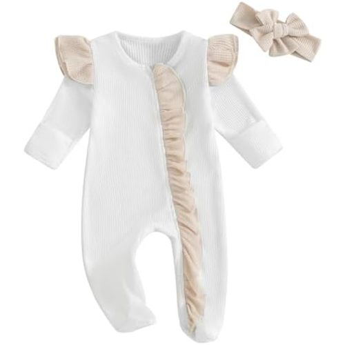 Douhoow Cute Baby Footies Newborn Girl Clothes Waffle Baby Girl Jumpsuit Romper Infant Coming Home Outfits with Headband