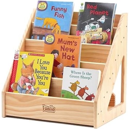 FUNLIO Montessori Bookshelf for Toddlers 1-5 Years, Front-Facing Kids Bookshelf with Handle & Anti-Tilting Device, Premium Pine Baby Bookshelf, Children's Bookcase for Nursery/Classroom, CPC Certified