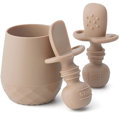 SAMiGO Silicone Baby Utensils - Self Feeding Spoons and Tiny Training Cup - First Stage Baby Led Weaning Supplies for 6 Months+ Infants - Set of 3