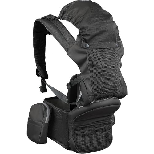 Baby Carrier with Hip Seat - Ergonomic, Cozy and Lightweight Infant Carrier for 7-44lbs, Effortless to Put On, Ideal for Hands-Free Parenting, Enhanced Lumbar Support (Black)