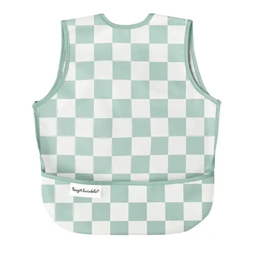 Tiny Twinkle Mess Proof Baby Bib Apron - Green Checkers (Small 6-24 Months)