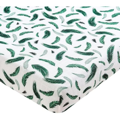 Margaux & May Organic Muslin Crib Sheet – 100% Organic Cotton, Fitted Crib Mattress Sheet, Soft & Breathable, Standard 28” x 52” Baby Crib Sheet, Green Feather Print