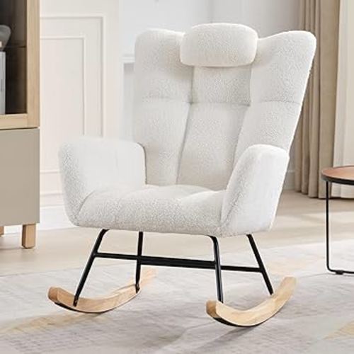 Garvee Nursery Rocking Chair,300Lb Glider Chair with Wood Legs/Two Side Pockets,Teddy Upholstered Glider Rocker with Padded Seat High Backrest for Living Room/Bedroom/Nursery