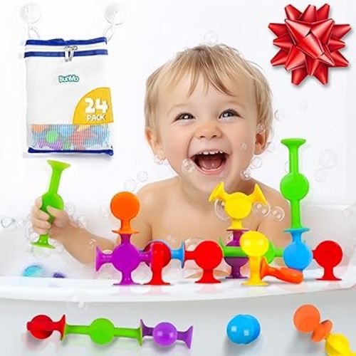 BUNMO Suction Bath Toys - Stocking Stuffers for Kids - No Mold Bath Toy - Hours of Fun - Fine Motor Skills - Stimulating & Addictive Sensory Suction Toy - Kids Stocking Stuffers - Smooth 24 Pack