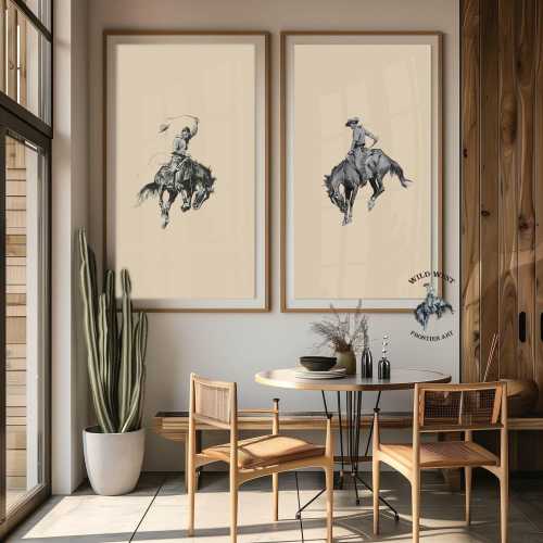 Western Cowboy Rodeo Wall Art Set, Vintage Horse Rider Prints, Rustic Ranch Decor, Wild West Cowboy Posters, Neutral Western Home Decor