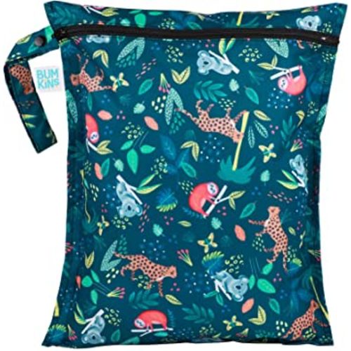 Bumkins Waterproof Wet Bag for Baby, Travel, Swim Suit, Cloth Diapers, Pump Parts, Pool, Gym Clothes, Toiletry, Strap to Stroller, Daycare, Zipper Reusable Bag, Wetdry Packing Pouch, Jungle