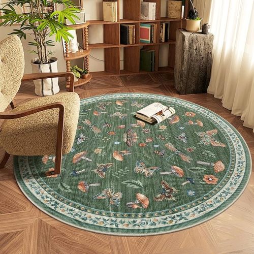 Mushroom Insect 4ft Round Rug Washable Non-Slip Soft Ultra-Thin Small Boho Circle Carpet for Entryway Kitchen Bedroom Nursery Dining Room Green