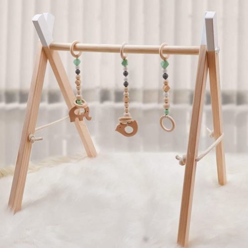 Wooden Baby Gym with 4 Baby Sensory Toys Foldable Baby Play Activity Gym Frame Hanging Bar Newborn Gift - Gym Frame+4 Toys