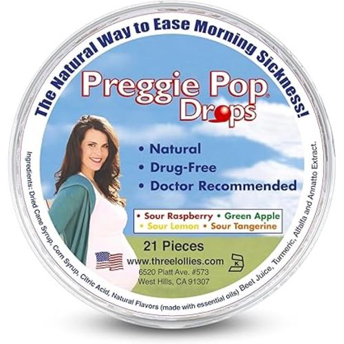Three Lollies Preggie Drops - Pregnancy Nausea Relief - Naturally Flavored Lozenges to Relieve Morning Sickness Symptoms - Natural Essential Oils for Nausea Prevention - 4 Flavors - 21 ct