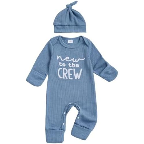 Honganda Baby Coming Home Outfit Funny Newborn Infant Girl Boy New to the Crew Jumpsuit with Hat Headband Waffle Knit Clothes