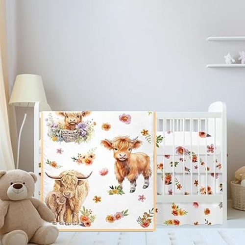Mixweer Highland Cow Crib Bedding Set for Boys Girls Colorful Flower Baby Crib Bedding Set Mini Cattle Comforter Sets Gender Neutral Standard Size Crib Fitted Sheet Comforter Crib Skirt for Boys Girls
