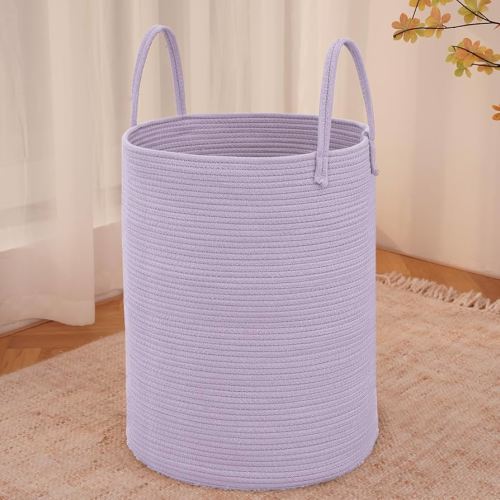 Large Woven Laundry Basket Hamper,60L Cotton Rope Storage Bin for Blankets,Toys and Clothes,Decorative Tall Nursery Hamper for Living Room,Baby Nursery,Bathroom and Bedroom,Purple