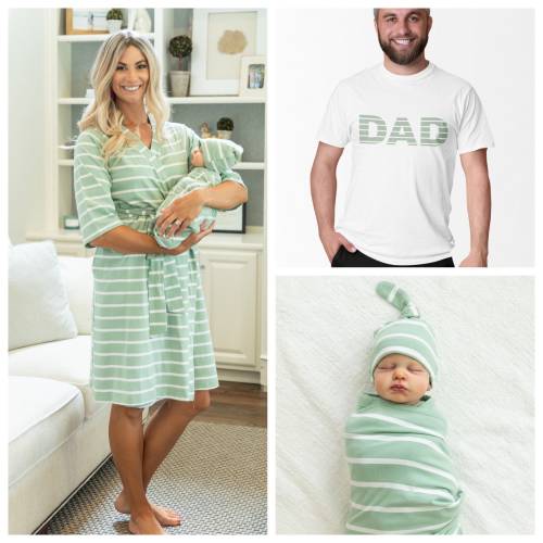 Maternity Nursing Delivery ROBE & Baby Boy or Girl Swaddle Blanket Set + Dad Daddy T-shirt /Baby Shower Gift/Baby Be Mine/ Sage Stripe