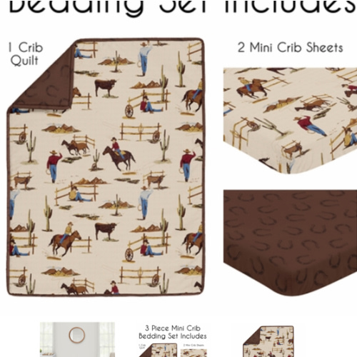 Wild West Cowboy Collection 3 Piece Mini Crib Bedding Set - Horseshoe Print