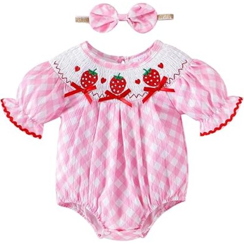 Baby Girl Clothes Smocked Romper Newborn Plaid Short Sleeve Bubble Bodysuit + Bow Headband Summer Outfits 0-18 Months