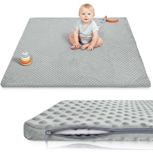 Baby Floor Play Mat for Playpen, Extra Thick 50x50 Inches Padded Mat with Ultra Soft 3D Minky Dot & Removable Washable Cover, Non-Slip & Safe for Crawling,Tummy Time,Infant/Toddler (Grey)