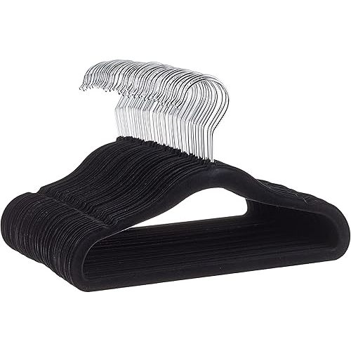 Amazon Basics Kids Velvet, Non-Slip Clothes Hangers for Infant and Toddler, 11.6 Inches (for baby clothes), Pack of 50, Black