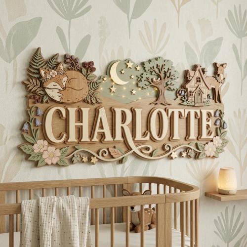 Personalized Enchanted Woodland Nursery Sign, Custom 3D Forest Animal Wall Art, Whimsical Fox & Deer Baby Room Decor, Fairy Tale Name Plate