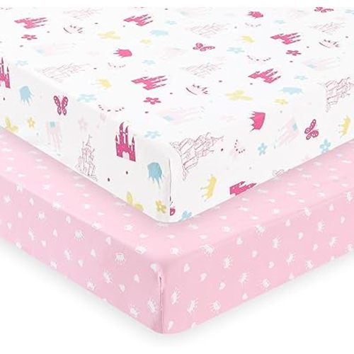 PHF Soft Crib Sheet Fitted, 2 Pack Baby Sheets for Boys Girls, 28x52x9in Fits Standard Crib and Toddler Mattresses, Silky Comfy Breathable Polyester Baby Mattress Sheets, Castle