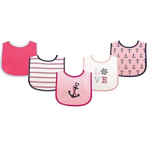Luvable Friends Unisex Baby Cotton Terry Drooler Bibs with PEVA Back, Girl Nautical, One Size