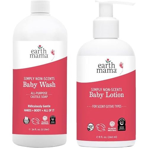 Earth Mama Simply Non-Scents Baby Wash & Lotion Bundle - Fragrance Free Castile Soap Body Wash 6.27oz + Calendula Baby Lotion 8oz - Sensitive Skin & Newborn Skin Care with Coconut Oil, Shea Butter