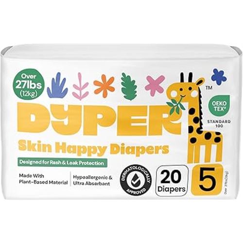 DYPER Baby Diapers Size 5 (20 Count) – Plant-Based, Hypoallergenic, Fragrance-Free & Ultra Absorbent Disposable Diapers for Day and Overnight Skin Protection, Single Pack Size 5 Diapers