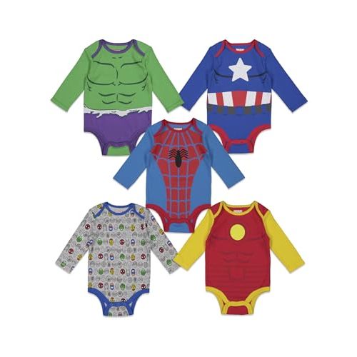 Marvel Avengers Captain America The Hulk iron Man Spider Man Baby 5 Pack Bodysuits Newborn to Infant
