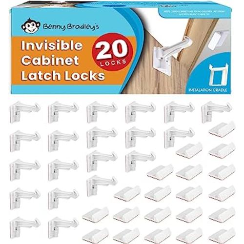 Benny Bradley's Invisible Baby Proofing Cabinet Latch Locks (20 Pack) - No Drilling or Tools Required for Installation, Works with Most Cabinets and Drawers, Works with Countertop Overhangs