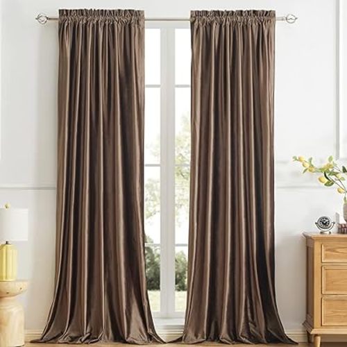 PRIMROSE Brown Velvet Room Darkening Curtains 96 inches Long for Living Room,Blackout Thermal Insulated Window Drapes for Bedroom Solid Modern Decorative Rod Pocket Curtain Set of 2 Panels