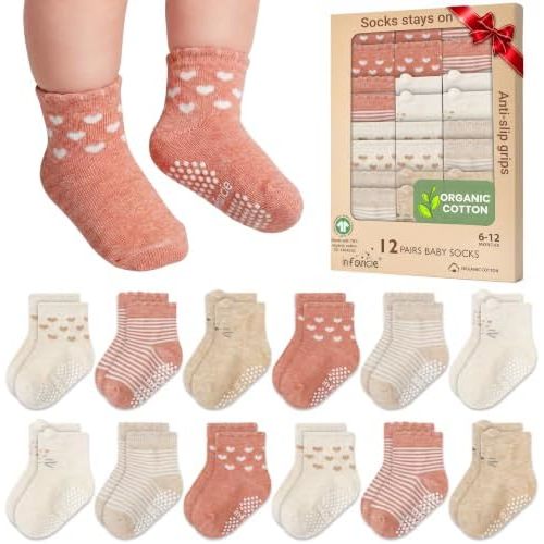 Cotton Baby Socks 6–12 & 0-6 Months, 12 & 6 Pairs Grip Socks Infant Socks Non Slip Unisex Soft Hypoallergenic And Breathable