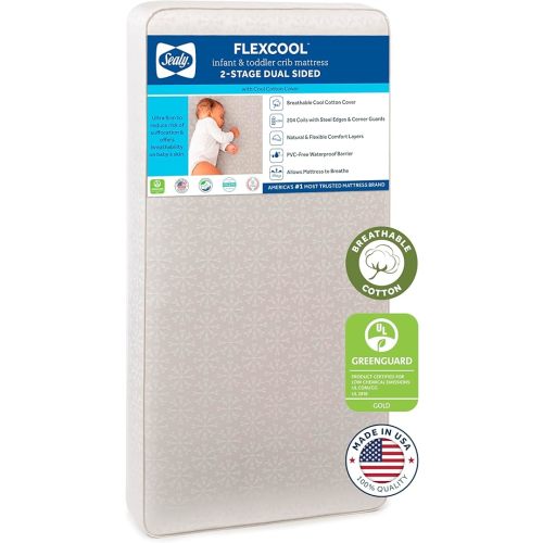 Crib Mattress - Sealy Baby Flex Cool Breathable Hypoallergenic 2-Stage Dual Firm Waterproof Baby Crib Mattress & Toddler Bed Mattress, Cotton Cover, 204 Premium Coils, Air Quality Certified, Made in USA, 52"x28"