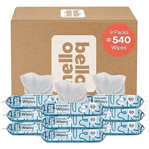 Hello Bello Extra Gentle Unscented Baby Wipes - Plant Based - Made with 99% Water and Aloe for Babies and Kids - 60 Count (Pack of 9) Total 540 Count