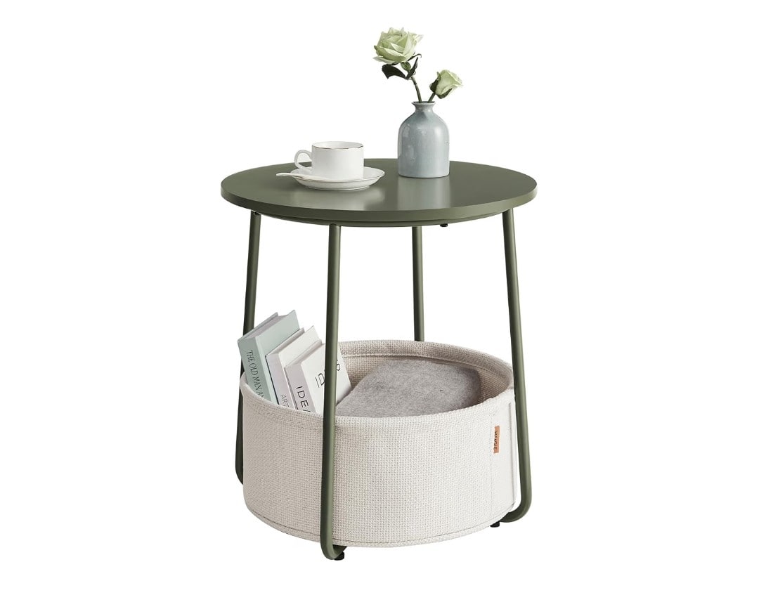 VASAGLE Small Round Side End Table, Small Nightstand with Fabric Basket