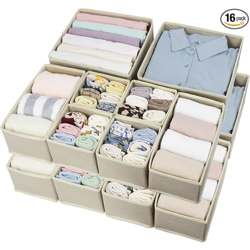 16 Pack Drawer Organizer Clothes, Foldable Fabric Dresser Organizer Closet Organizers and Storage Box for Underwear,Folded Clothes,Baby Clothing,Socks,Bra,Towels,Ties(Beige)