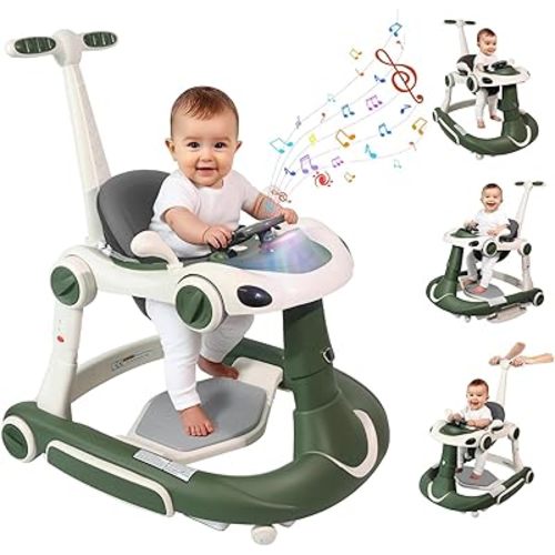 Baby Walker, 4-in-1 Baby Walker with Wheels Portable, Foldable Infant Toddler Walker for Boys Girls 6-18 Month,Removable Footrest,Car Steering Wheel & Music, Adjustable Push Walker Pink Green