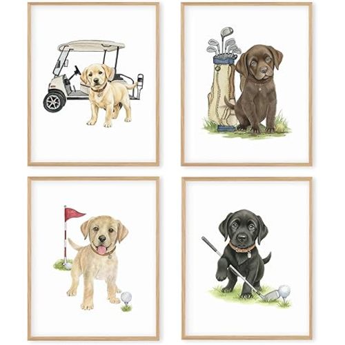 Boat Wades Labrador Retriever Puppy Golf Wall Art Prints Set of 4, Gifts for Labrador Dog Lovers, Funny Lab Dog Golfer Posters Pictures Wall Decor for Home Office Kids Nursery, 8x10 Unframed