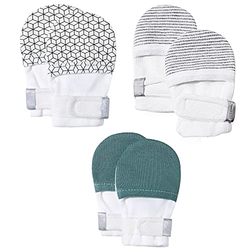 HAPIU Baby No Scratch Mittens Stay On, 100% Cotton Breathable, Adjustable Infant Gloves for Boys Girls, Newborn - 12 M