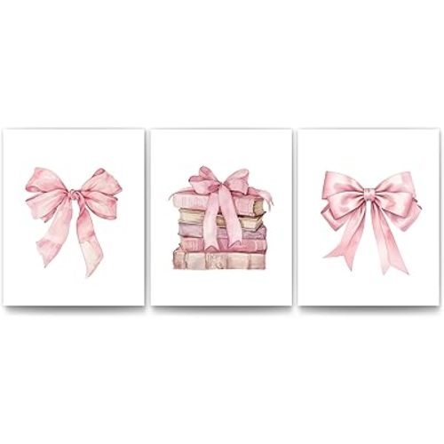 JWVK Coquette Preppy Pink Bow Girly Books Wall Art Prints Set of 3, Book Lovers Gifts, Coquette Room Decor, Preppy Room Decor, Trendy Pink Book Posters for Girls Bedroom Dorm, 8x10 Unframed