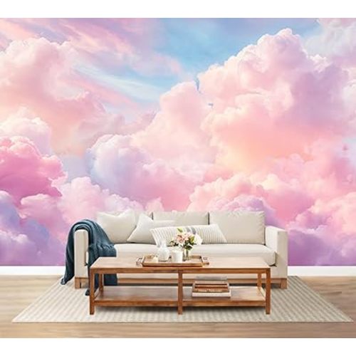 100"x144" Cloud Wall Mural Peel and Stick Wallpaper Fluffy Pink Purple Dreamy Clouds Pastel Sky Wall Decor Self Adhesive Removable Wall Stickers for Bedroom Living Room